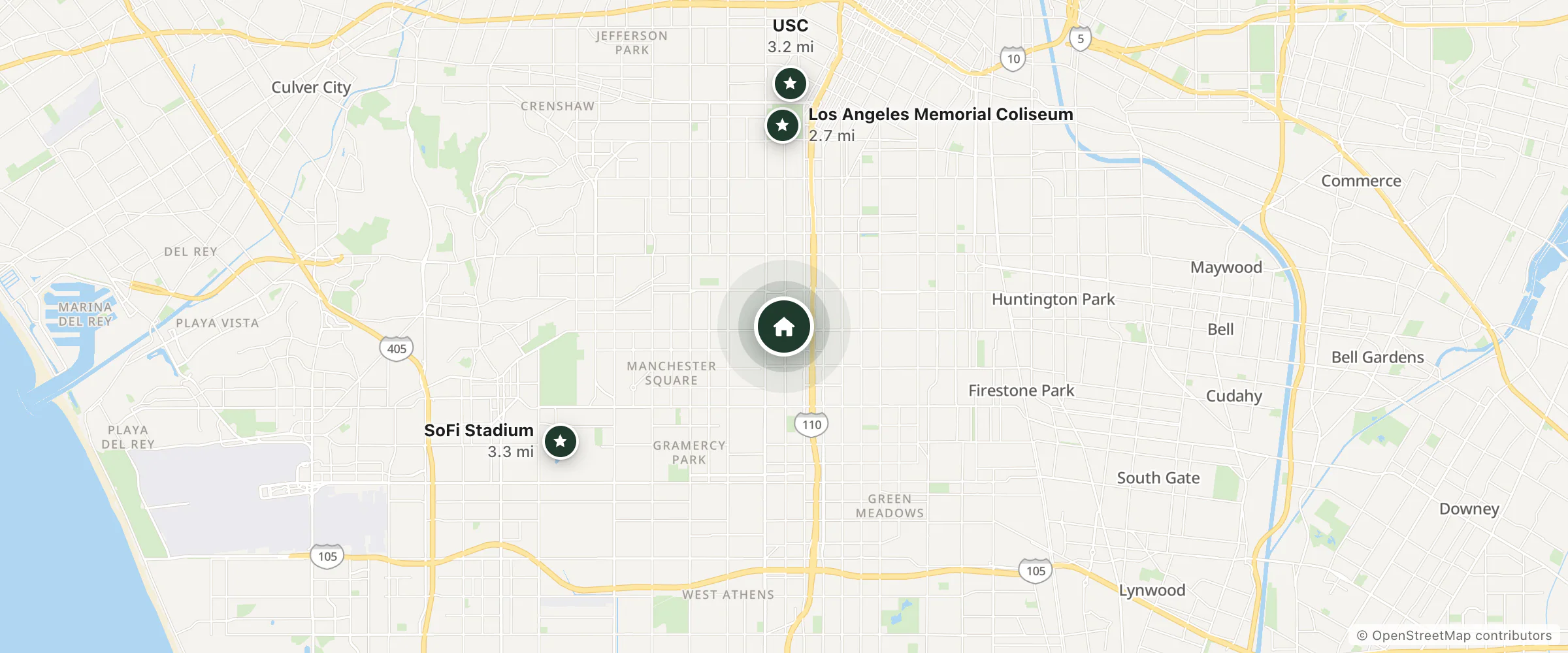 Map of Foxy's Motor Inn and nearby Los Angeles Memorial Coliseum, USC and SoFi Stadium