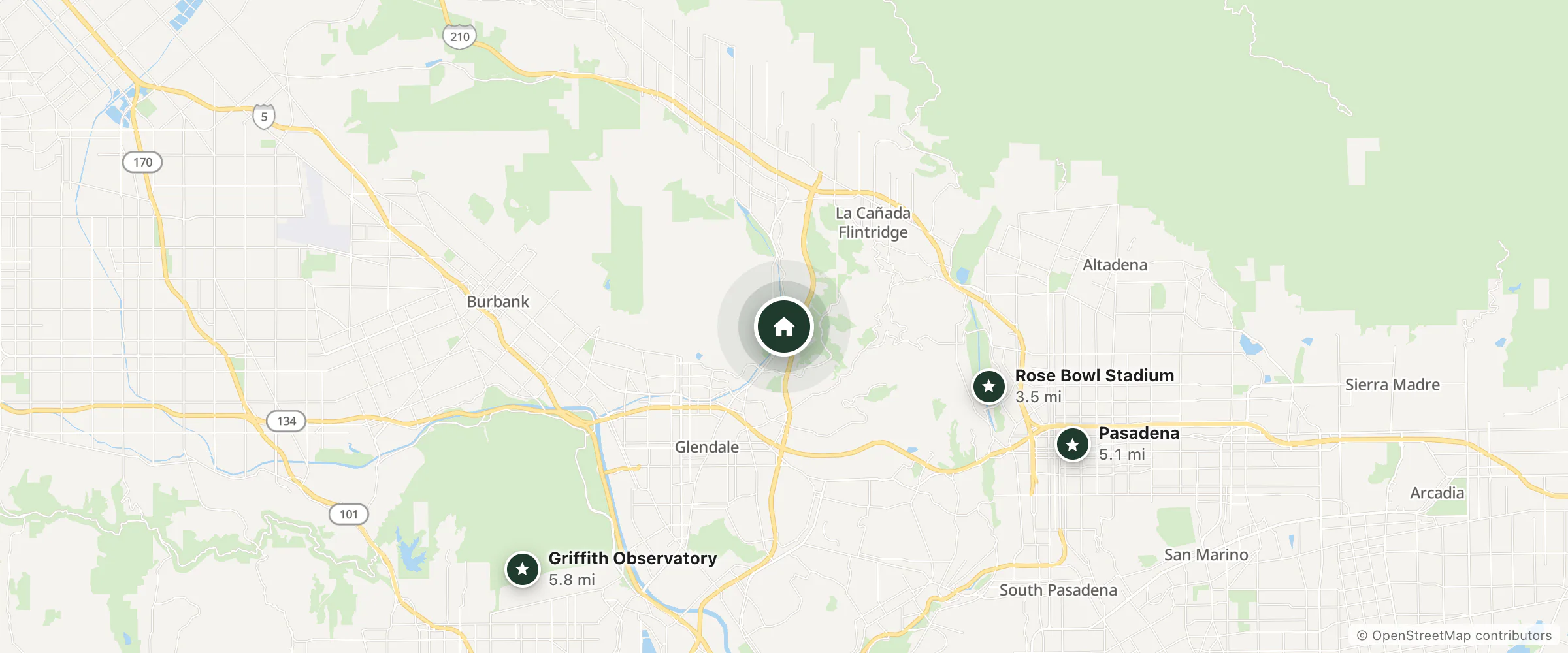 Map of Villa Marisa and nearby Rose Bowl Stadium, Pasadena and Griffith Observatory