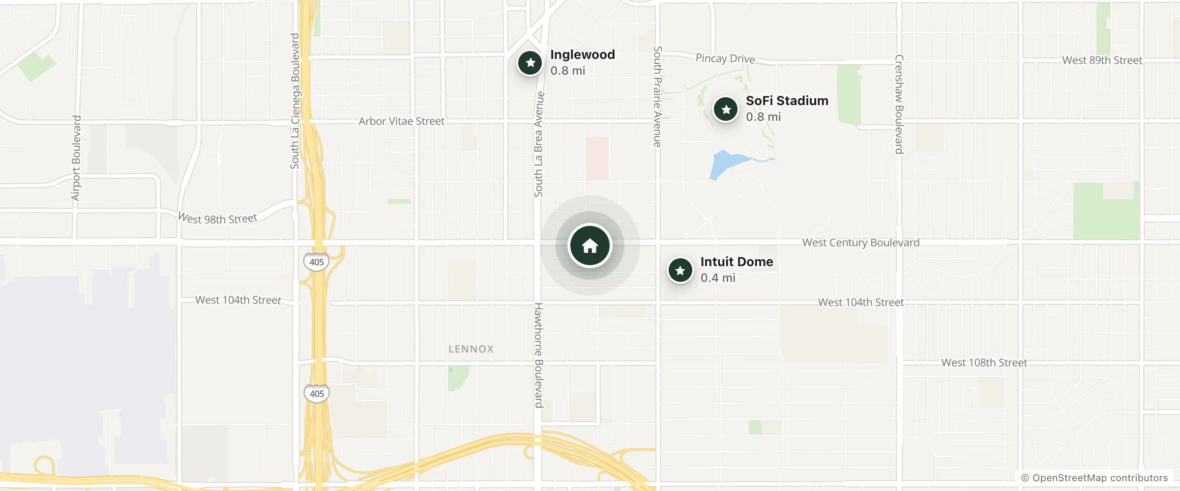 Map of Royal Game Resort and nearby Intuit Dome, Inglewood and SoFi Stadium