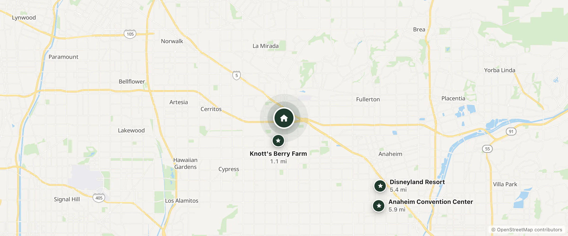 Map of Fairfield by Marriott Inn & Suites Anaheim North/Buena Park and nearby Knott's Berry Farm, Disneyland Resort and Anaheim Convention Center