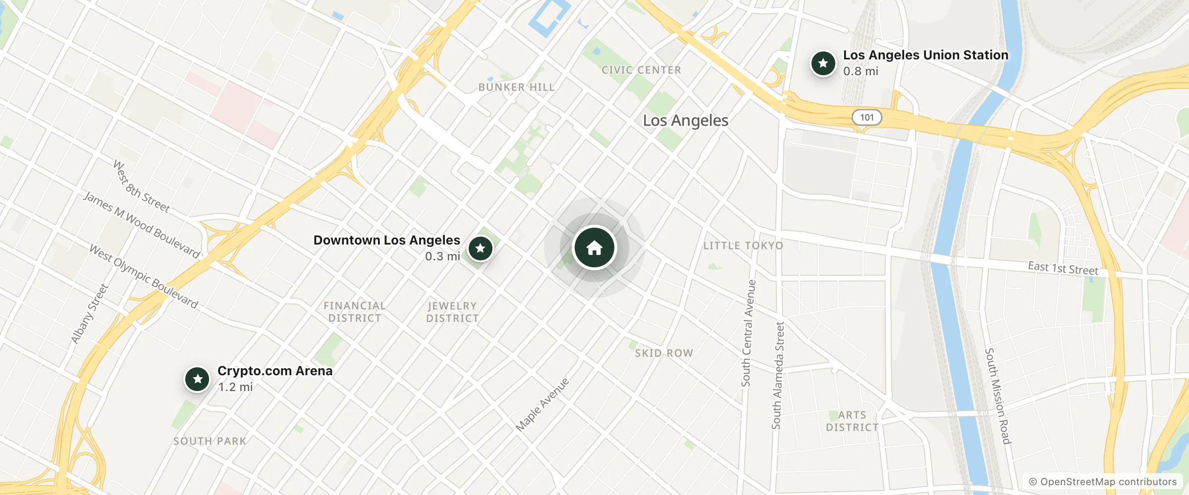 Map of Barclay Hotel and nearby Downtown Los Angeles, Los Angeles Union Station and Crypto.com Arena