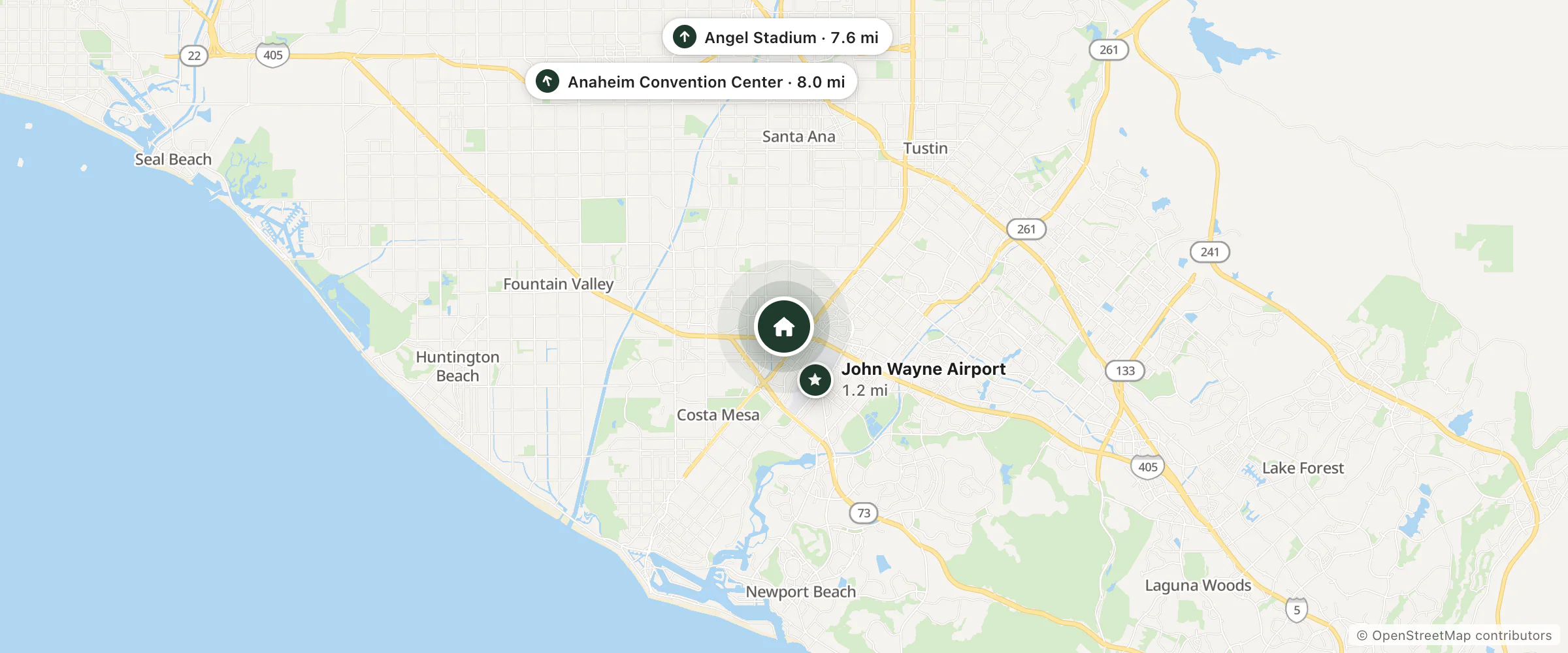 Map of Costa Mesa Marriott and nearby John Wayne Airport, Angel Stadium and Anaheim Convention Center