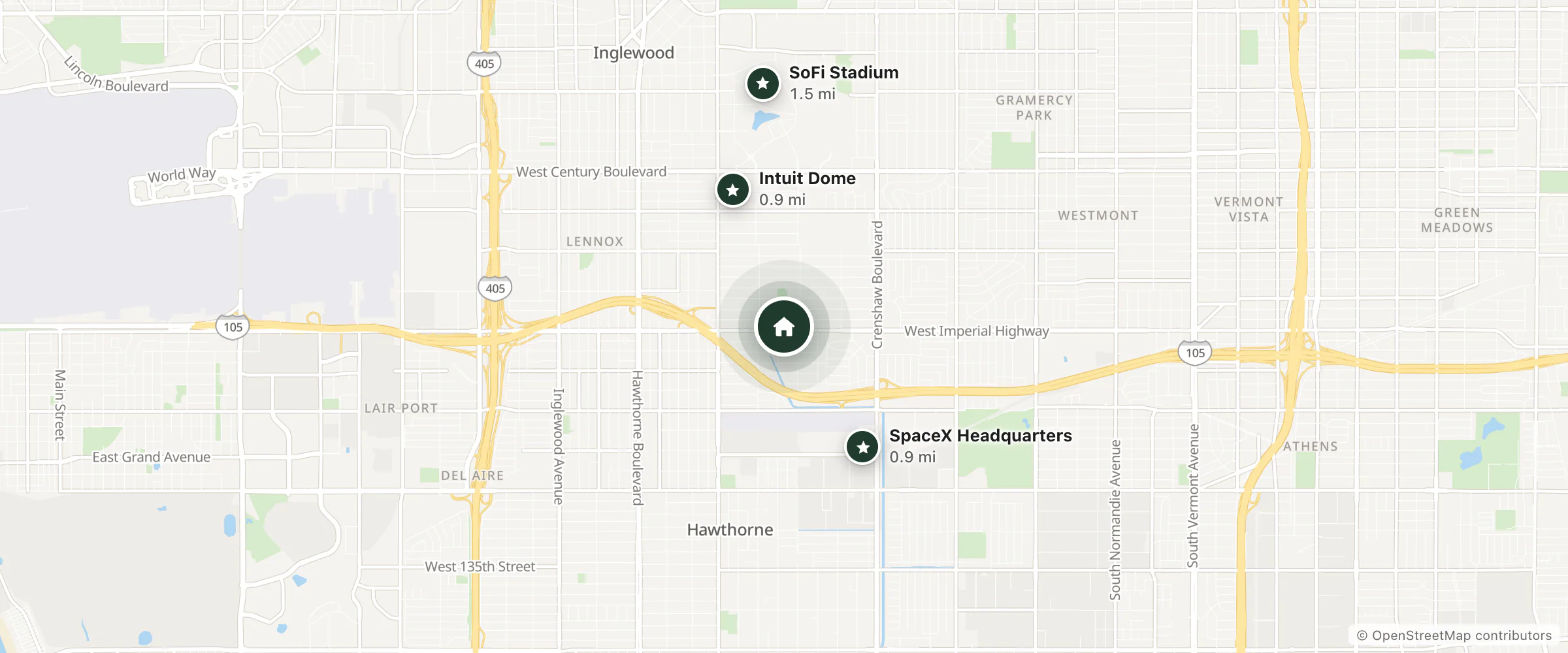 Map of Tourist Lodge and nearby SpaceX Headquarters, Intuit Dome and SoFi Stadium