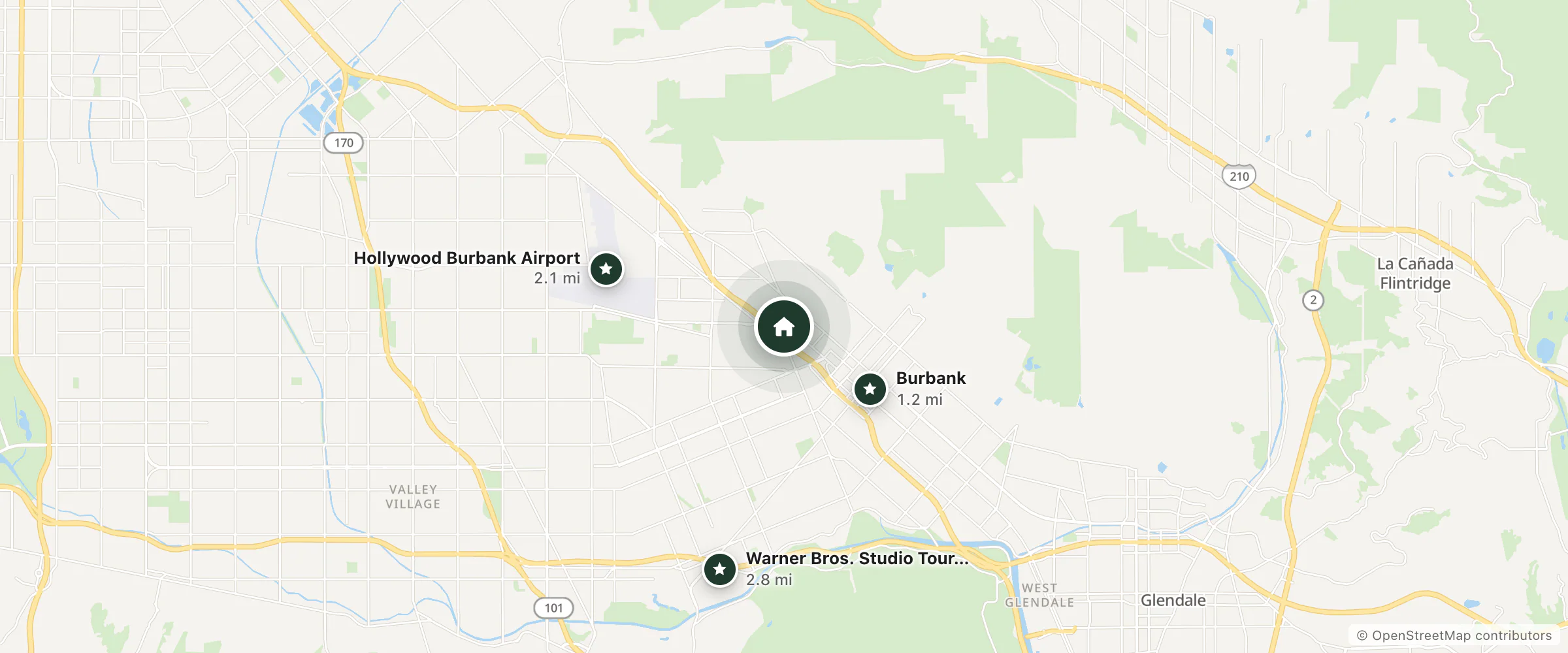 Map of The Bell Vista and nearby Burbank, Hollywood Burbank Airport and Warner Bros. Studio Tour Hollywood