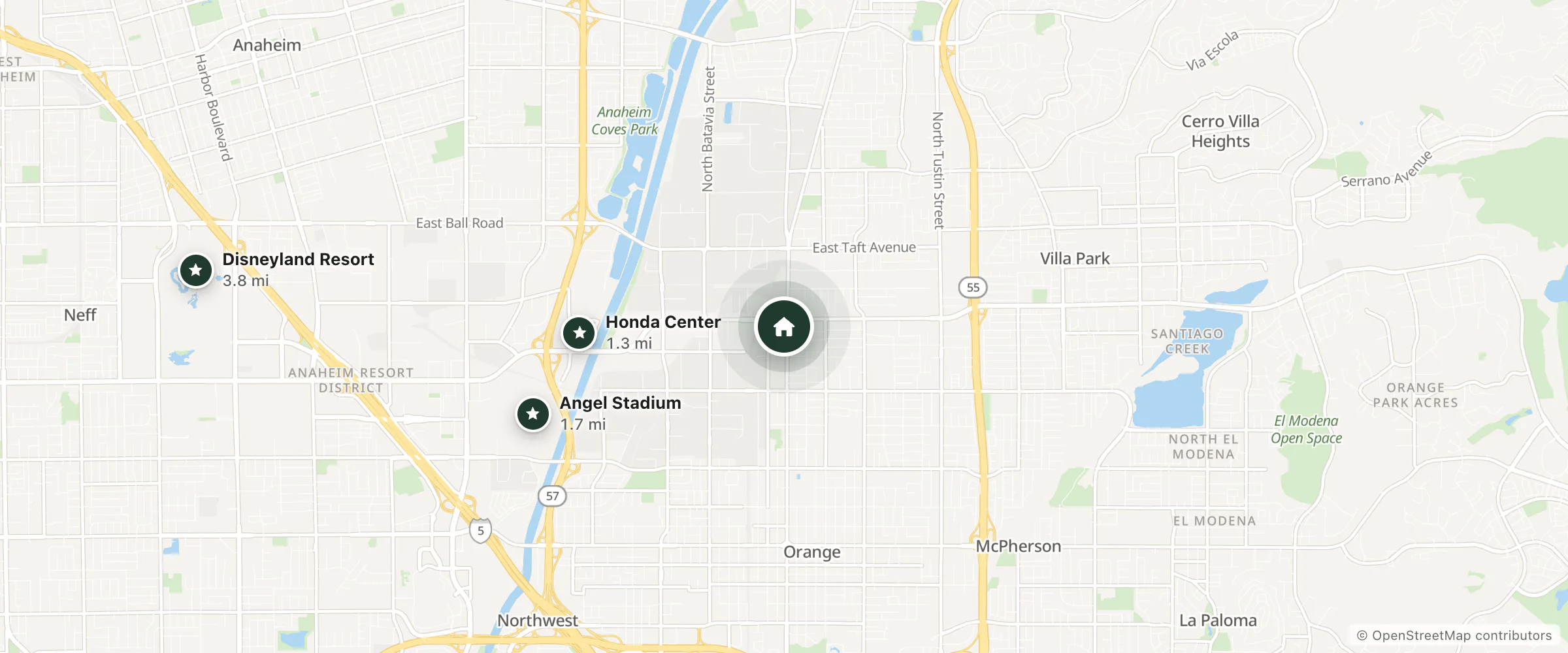 Map of Big A Motel and nearby Honda Center, Angel Stadium and Disneyland Resort