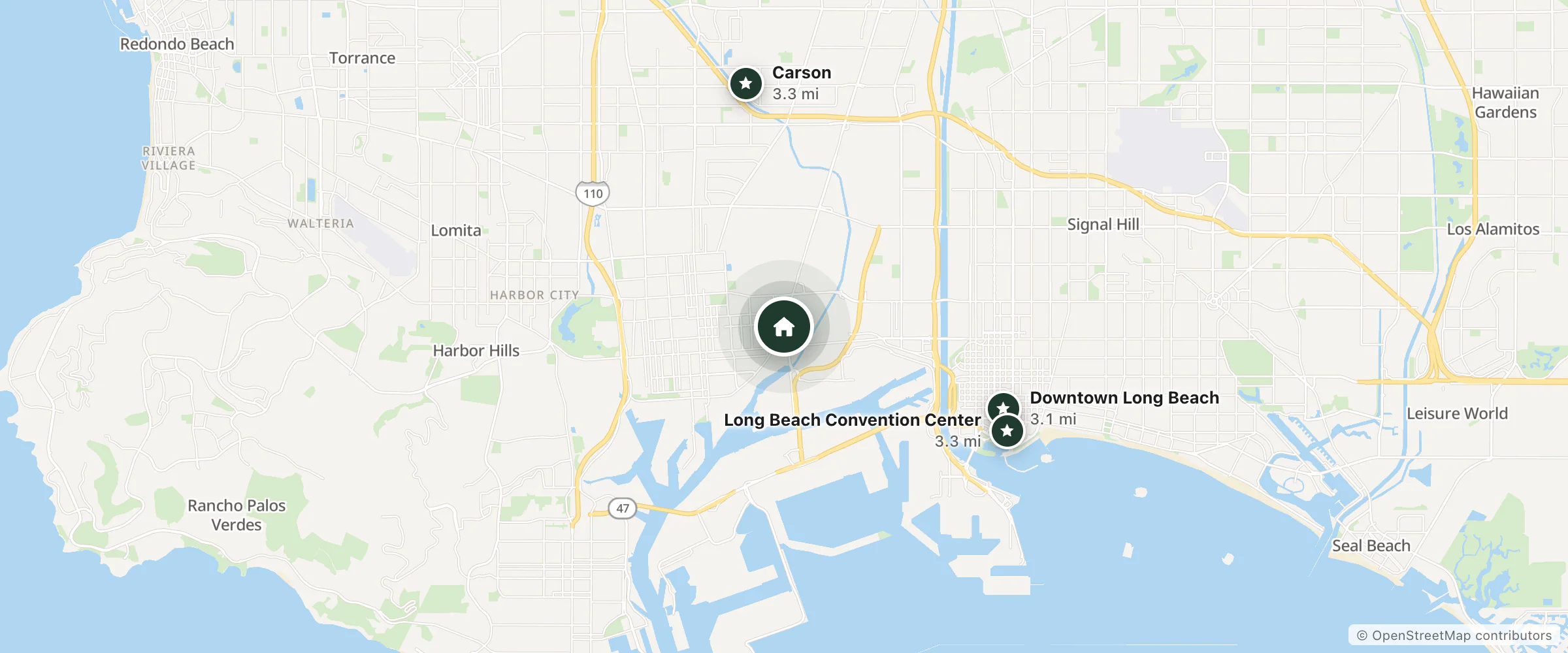 Map of Hotel Portlight and nearby Downtown Long Beach, Carson and Long Beach Convention Center