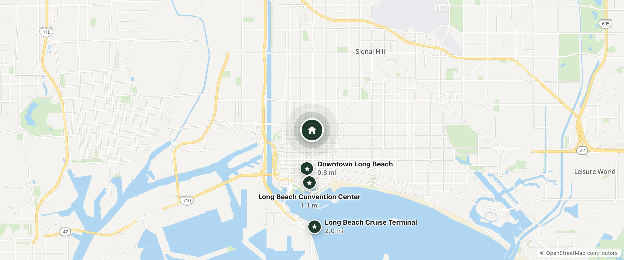 Map of Plaza Hotel and nearby Downtown Long Beach, Long Beach Convention Center and Long Beach Cruise Terminal