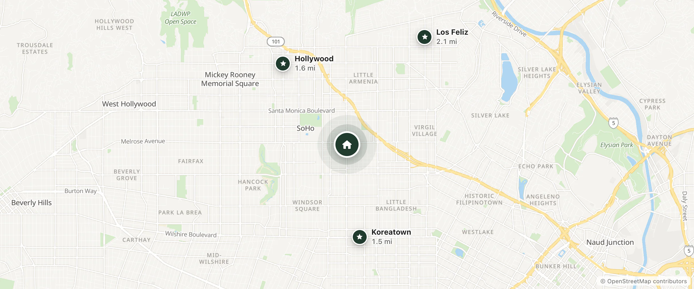 Map of Melrose Hostel and nearby Koreatown, Hollywood and Los Feliz
