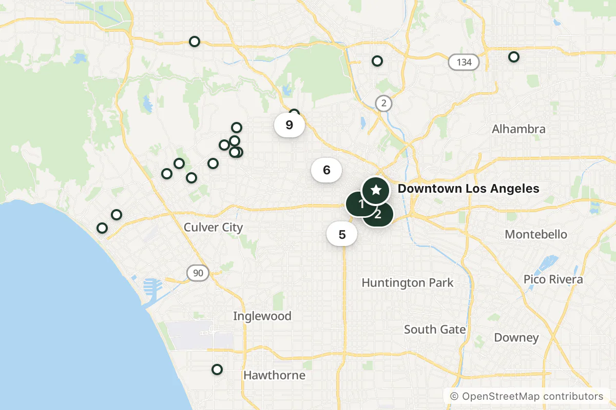 Map of the top 25 hotels for this question around Downtown Los Angeles