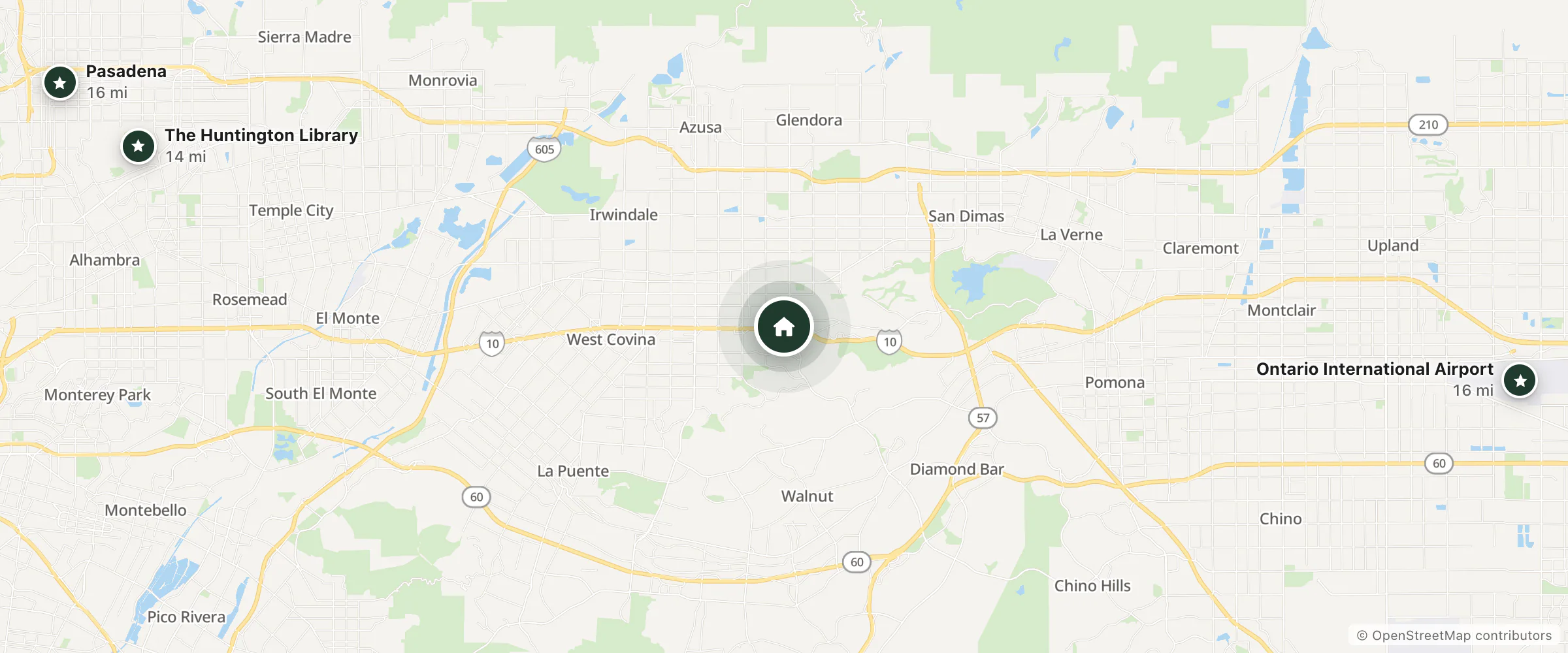 Map of Best Western Plus West Covina Inn and nearby The Huntington Library, Ontario International Airport and Pasadena