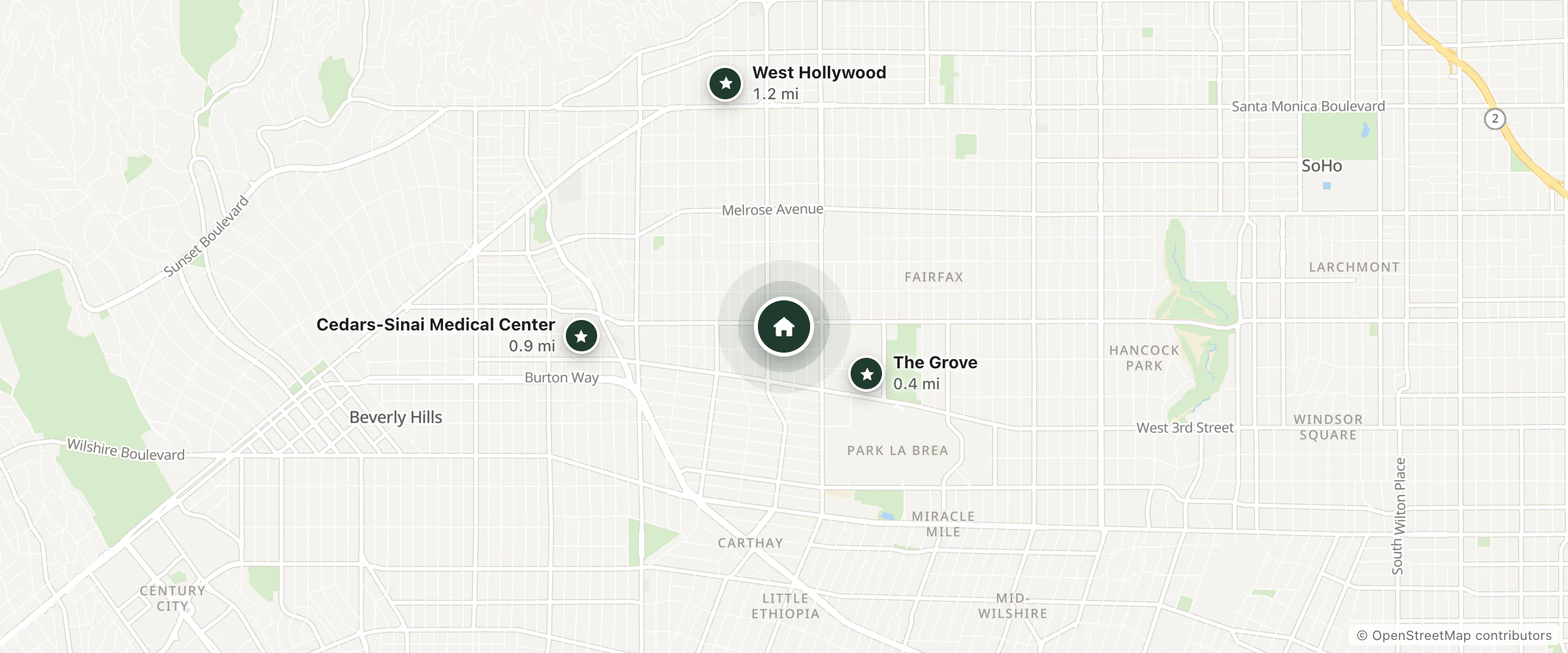 Map of Beverly Laurel Hotel at West Hollywood and nearby The Grove, Cedars-Sinai Medical Center and West Hollywood