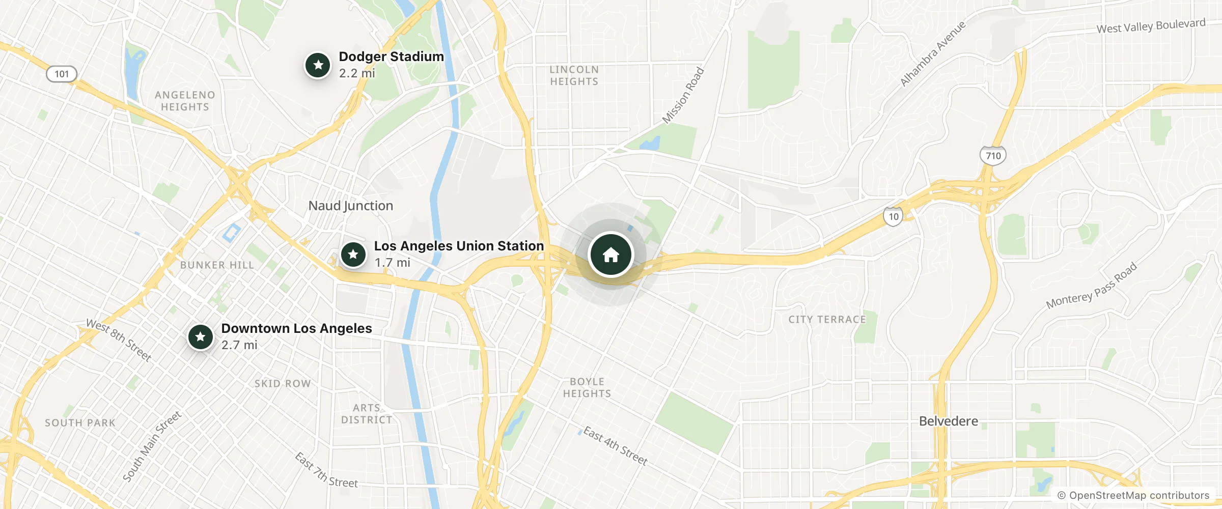 Map of Budget Host and nearby Los Angeles Union Station, Dodger Stadium and Downtown Los Angeles