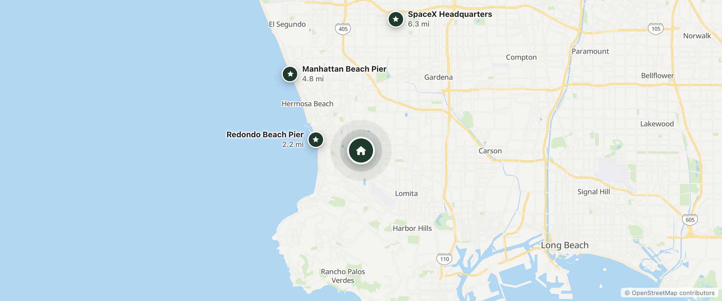 Map of Extended Stay America and nearby Redondo Beach Pier, Manhattan Beach Pier and SpaceX Headquarters