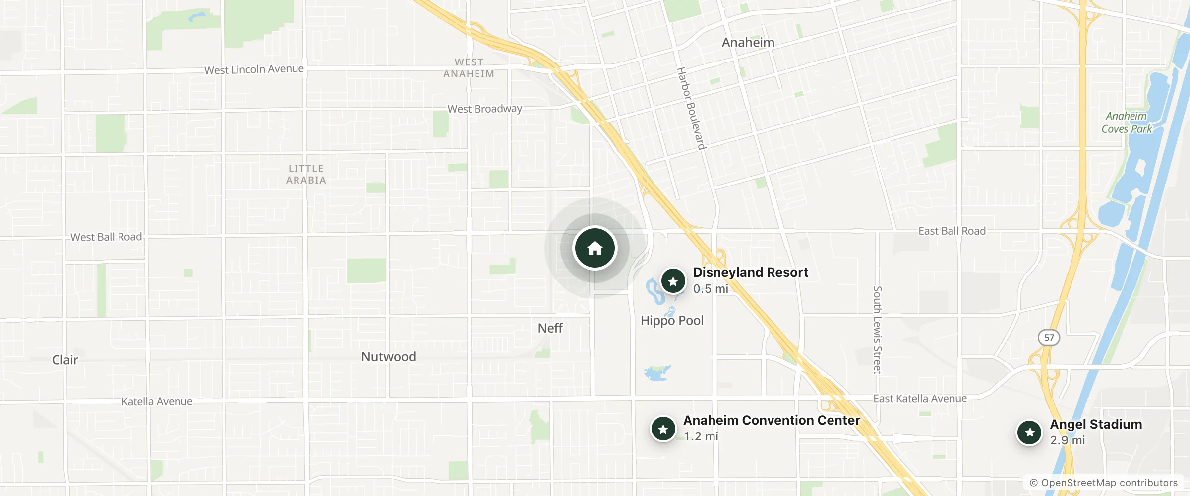 Map of Holiday Inn and Suites Anaheim and nearby Disneyland Resort, Anaheim Convention Center and Angel Stadium