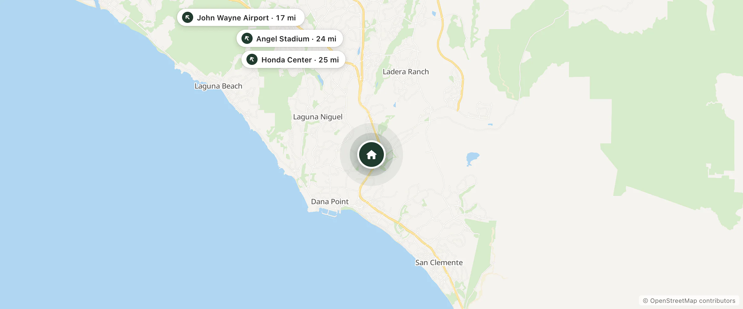 Map of Swallow's Inn and nearby John Wayne Airport, Angel Stadium and Honda Center