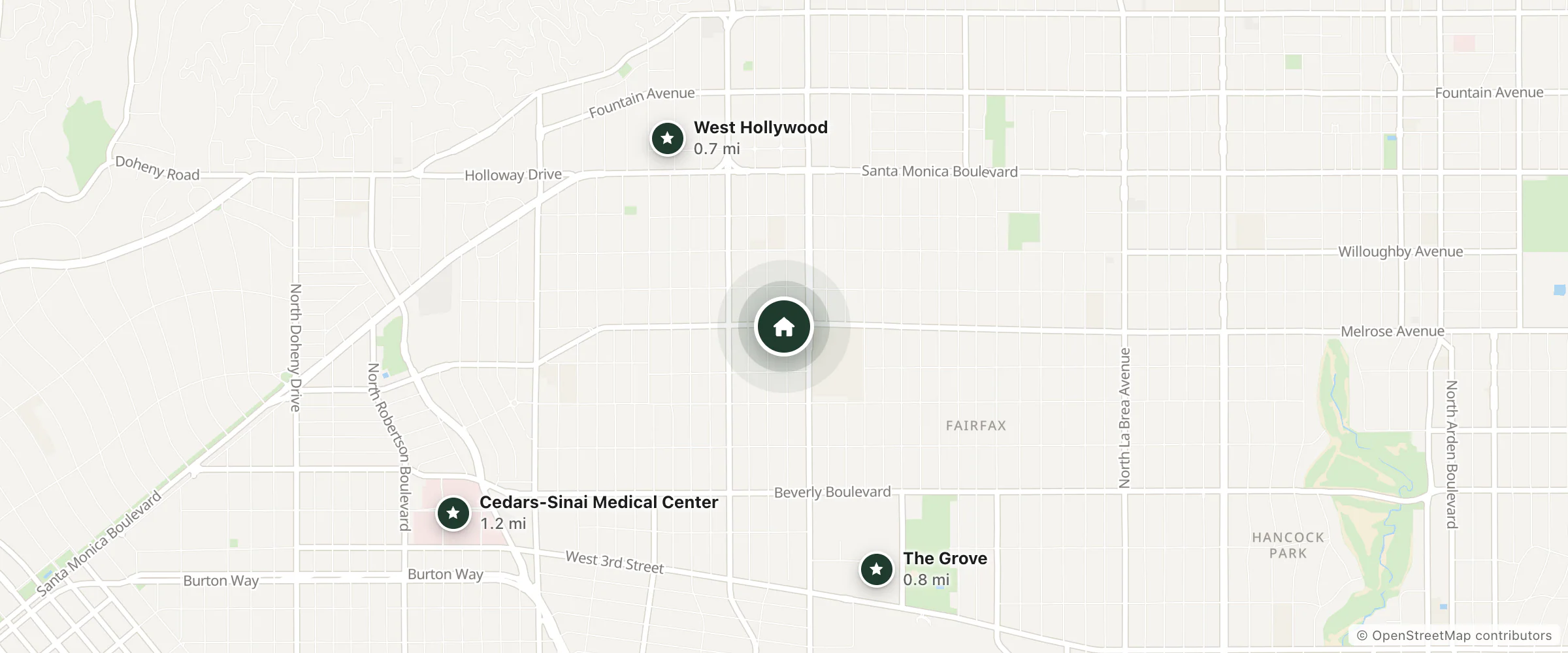 Map of Palihotel Melrose and nearby West Hollywood, The Grove and Cedars-Sinai Medical Center