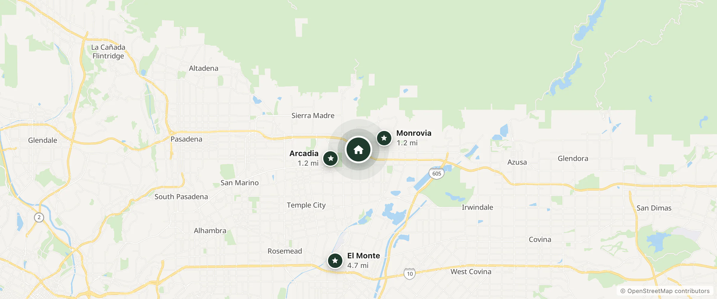 Map of Extended Stay America and nearby Monrovia, Arcadia and El Monte