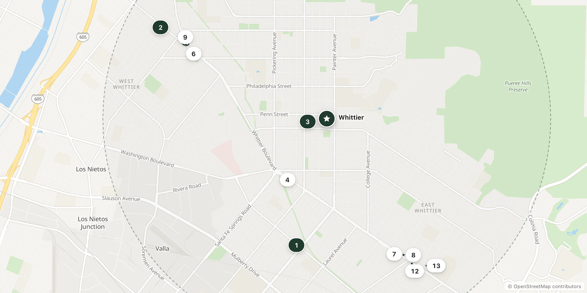Map of hotels near Whittier