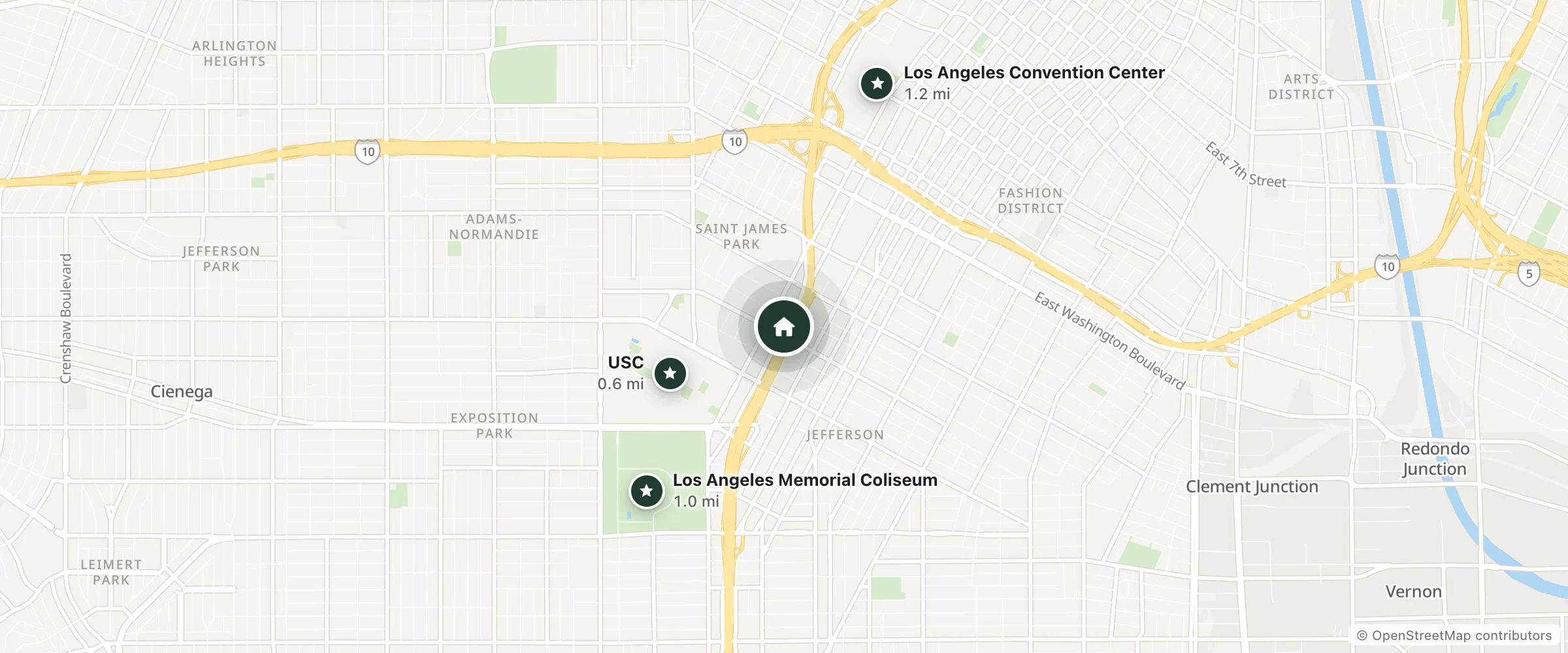 Map of New Aster Motel and nearby USC, Los Angeles Memorial Coliseum and Los Angeles Convention Center