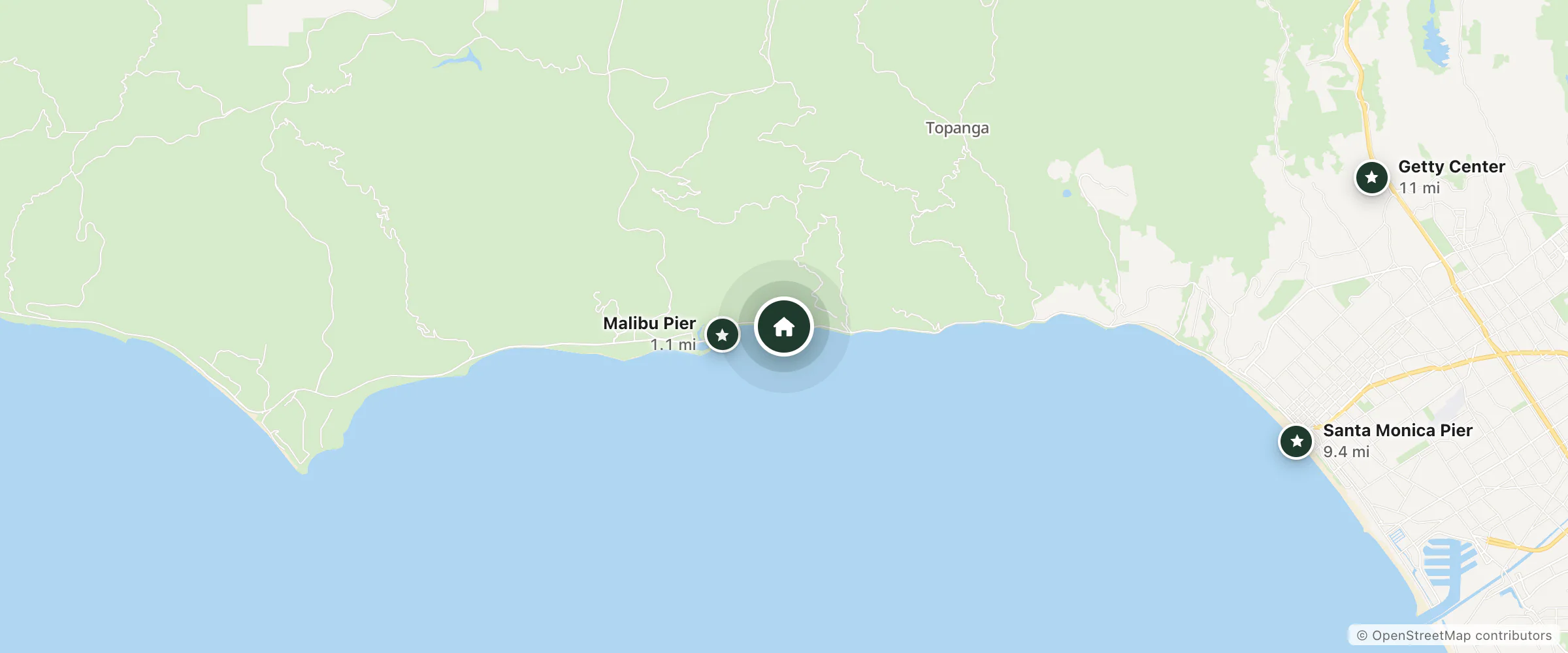 Map of Malibu Beach and nearby Malibu Pier, Santa Monica Pier and Getty Center