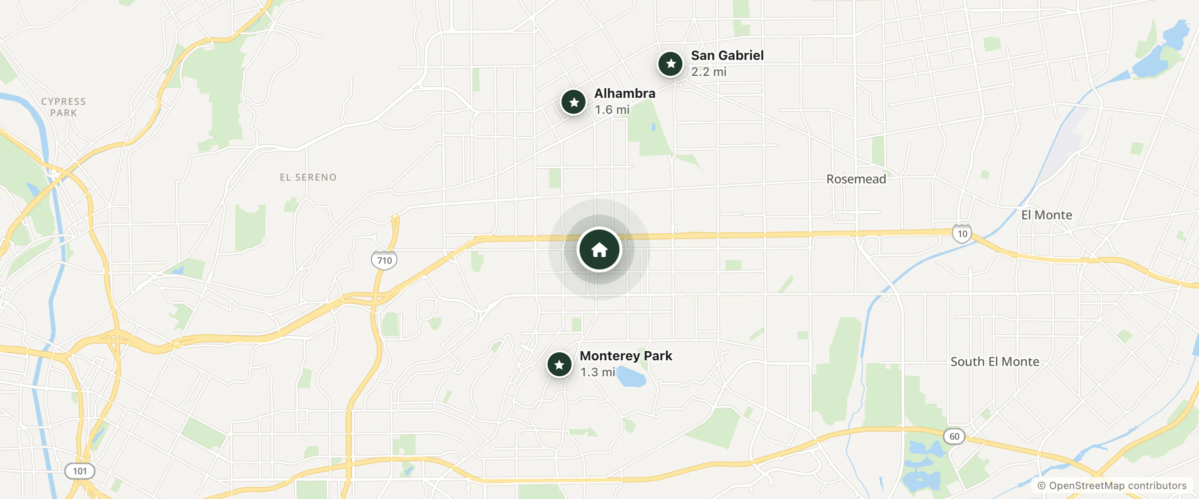 Map of Grand Inn and nearby Monterey Park, Alhambra and San Gabriel