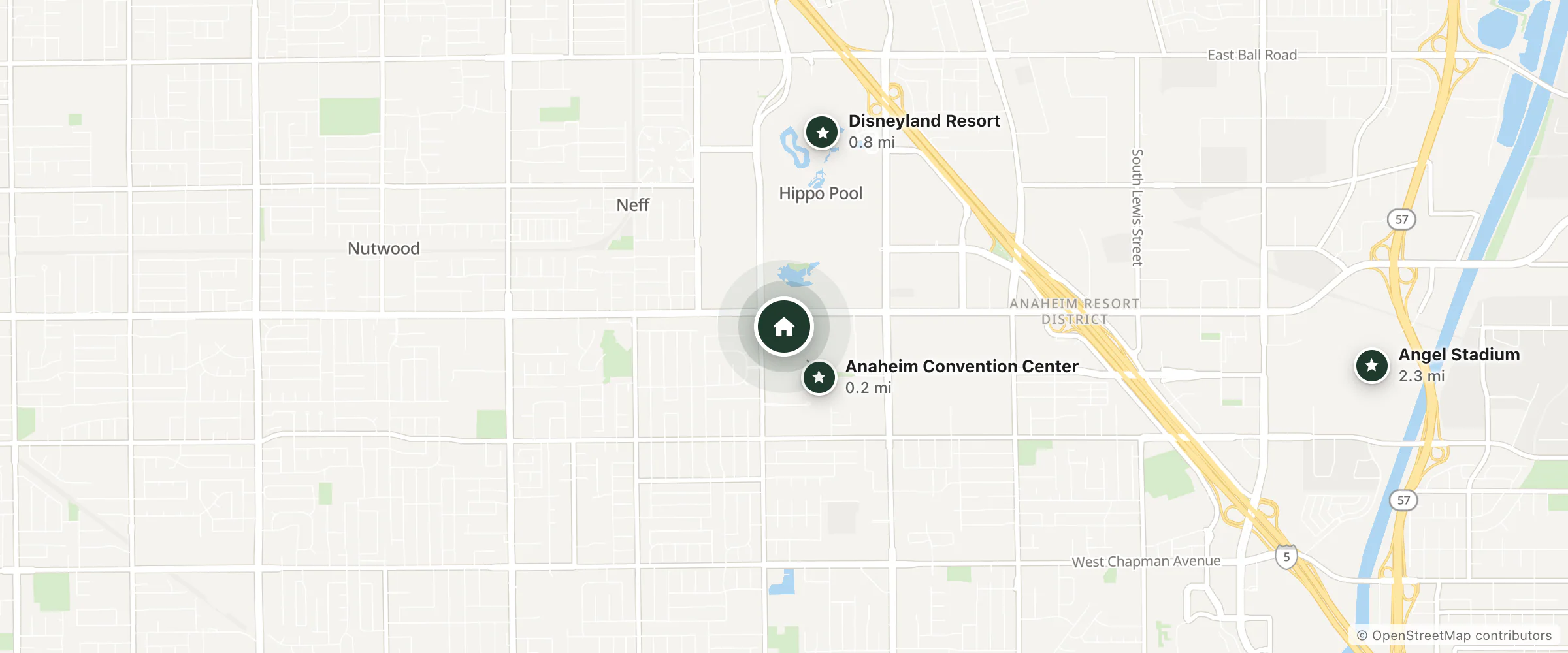 Map of Westin and nearby Anaheim Convention Center, Disneyland Resort and Angel Stadium
