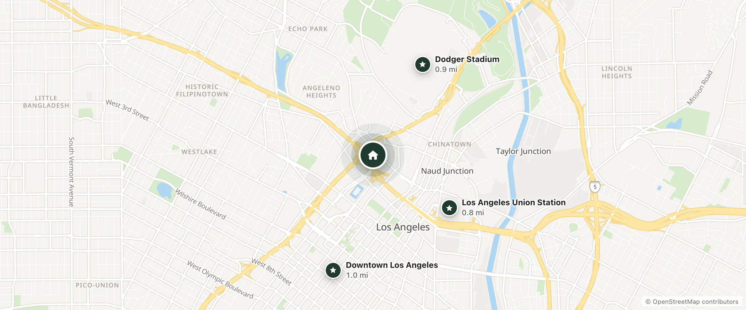 Map of Downtown Los Angeles Luxurious Resort Suite and nearby Los Angeles Union Station, Dodger Stadium and Downtown Los Angeles
