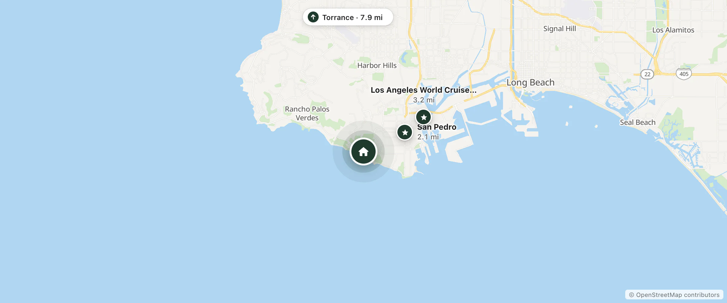 Map of Peninsula Beach House and nearby San Pedro, Los Angeles World Cruise Center and Torrance