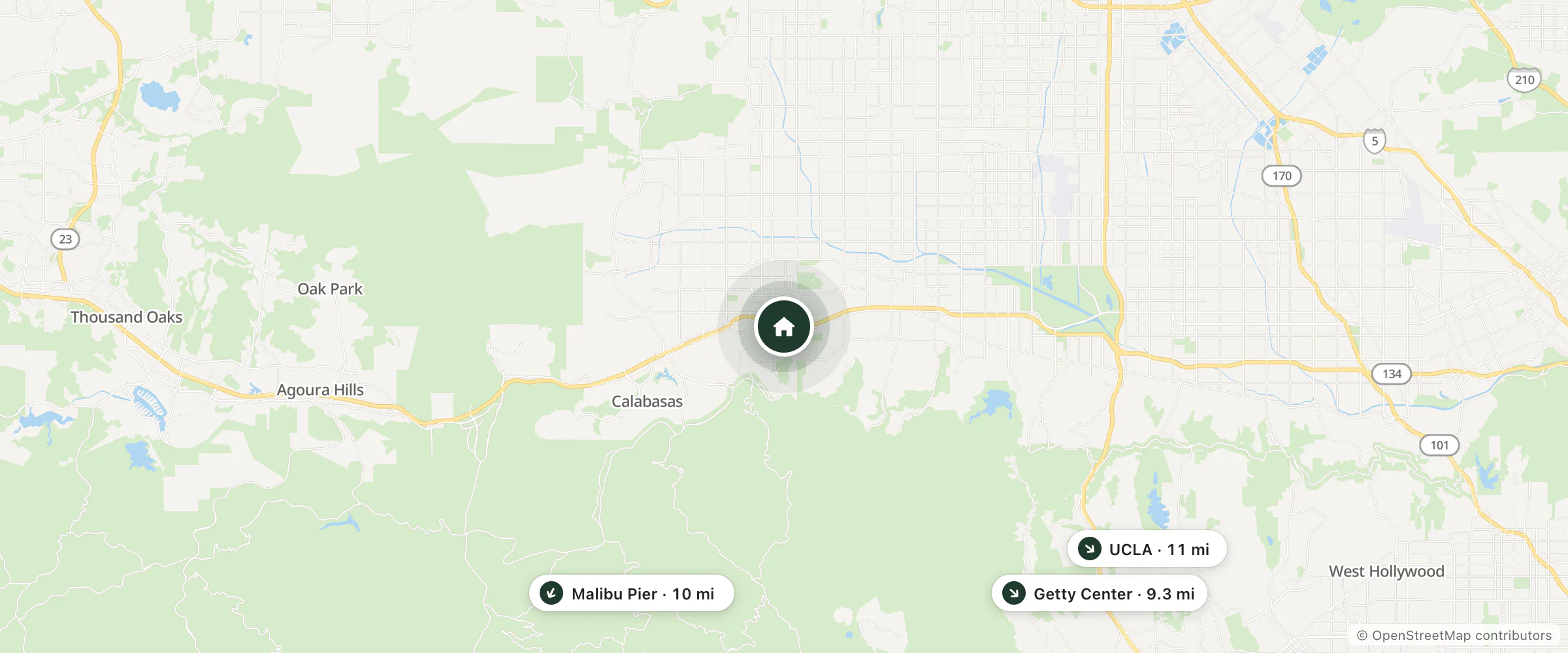 Map of Courtyard by Marriott Los Angeles Woodland Hills and nearby Getty Center, Malibu Pier and UCLA