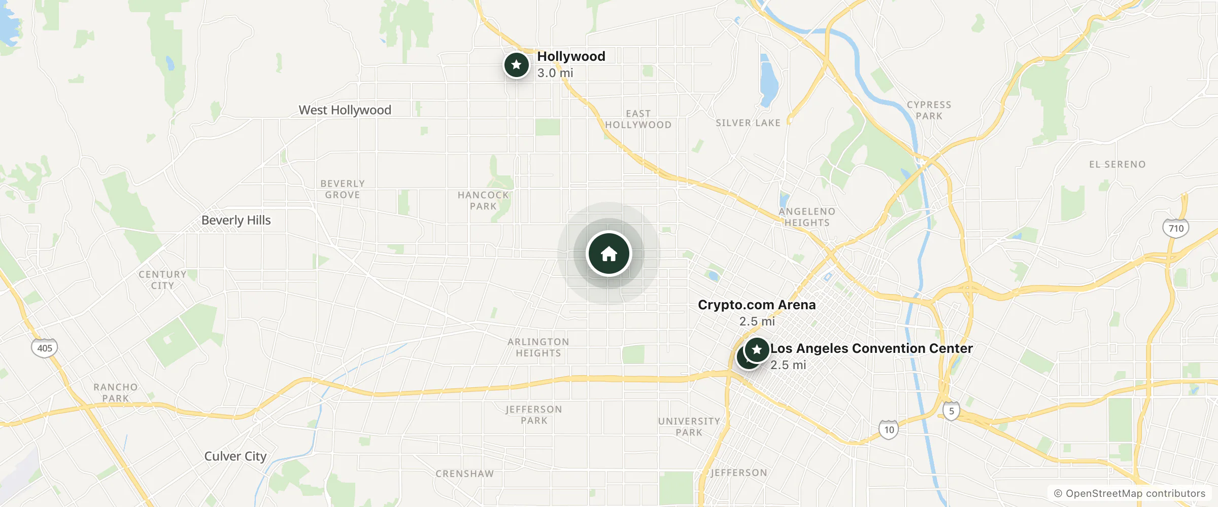 Map of JJ Grand Hotel and nearby Los Angeles Convention Center, Crypto.com Arena and Hollywood