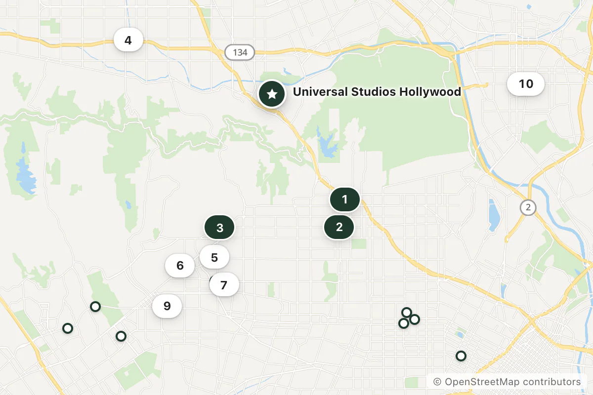 Map of the top 17 hotels for this question around Universal Studios Hollywood