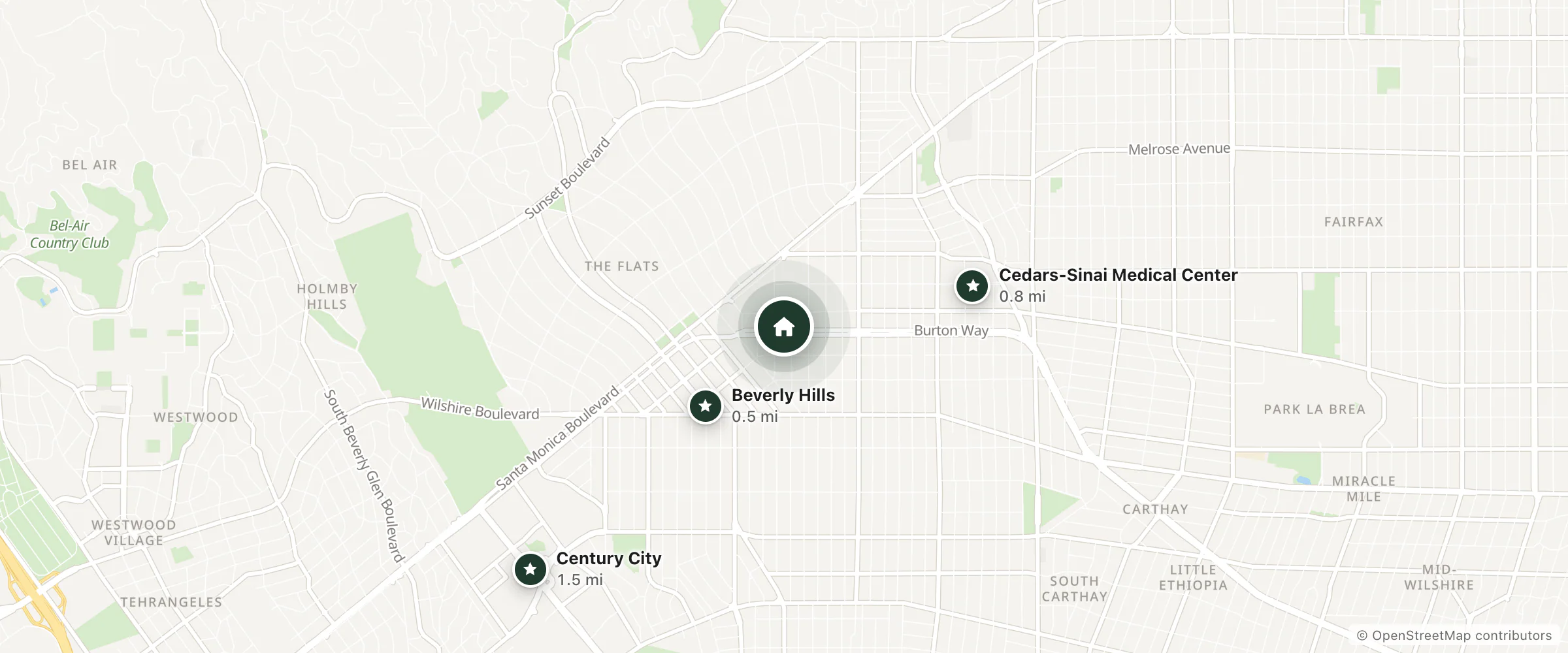 Map of L'Ermitage Beverly Hills and nearby Beverly Hills, Cedars-Sinai Medical Center and Century City