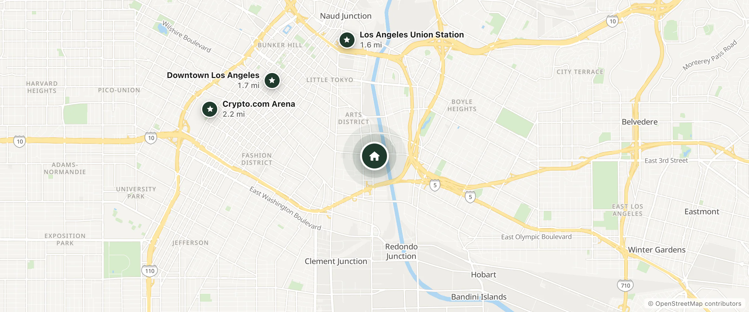 Map of kodō hotel and nearby Los Angeles Union Station, Downtown Los Angeles and Crypto.com Arena