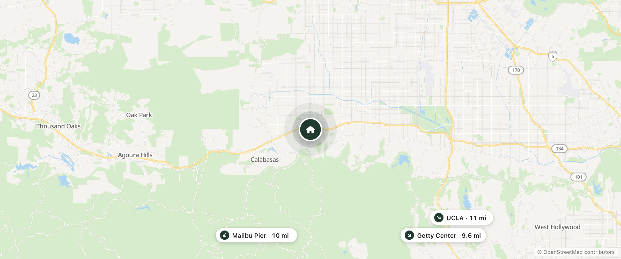 Map of Knights Inn Woodland Hills and nearby Getty Center, Malibu Pier and UCLA