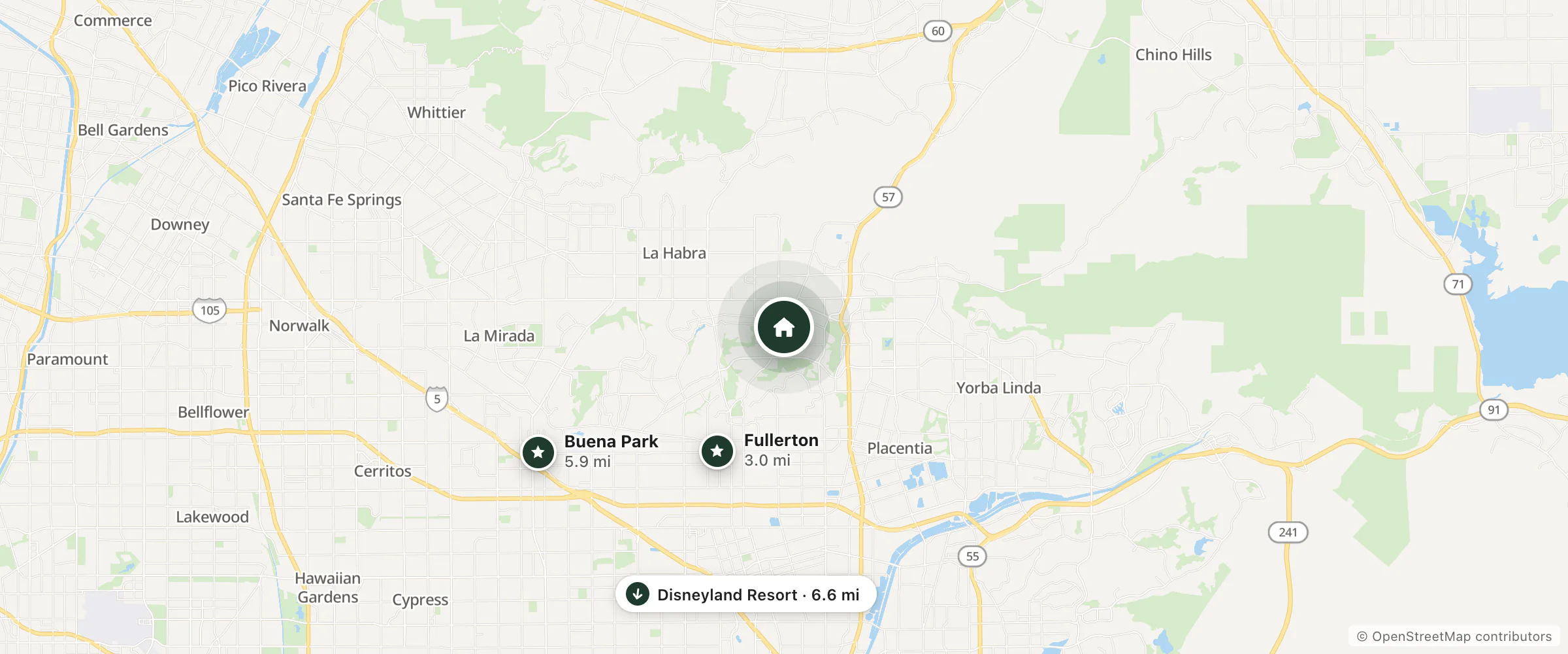 Map of Hyland Inn Brea and nearby Fullerton, Buena Park and Disneyland Resort