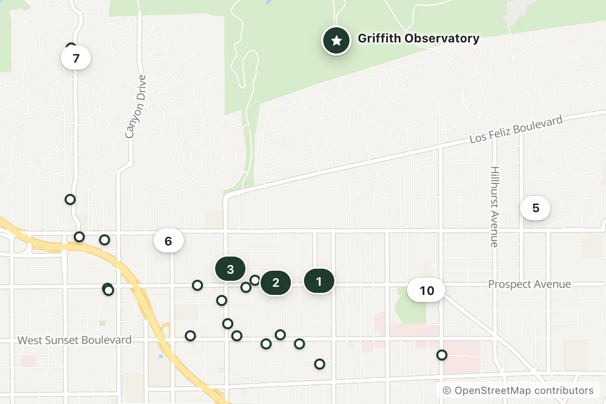 Map of the top 25 hotels for this question around Griffith Observatory