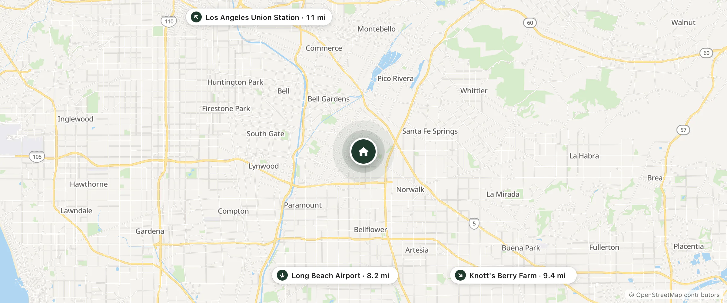 Map of SpringHill Suites and nearby Long Beach Airport, Knott's Berry Farm and Los Angeles Union Station