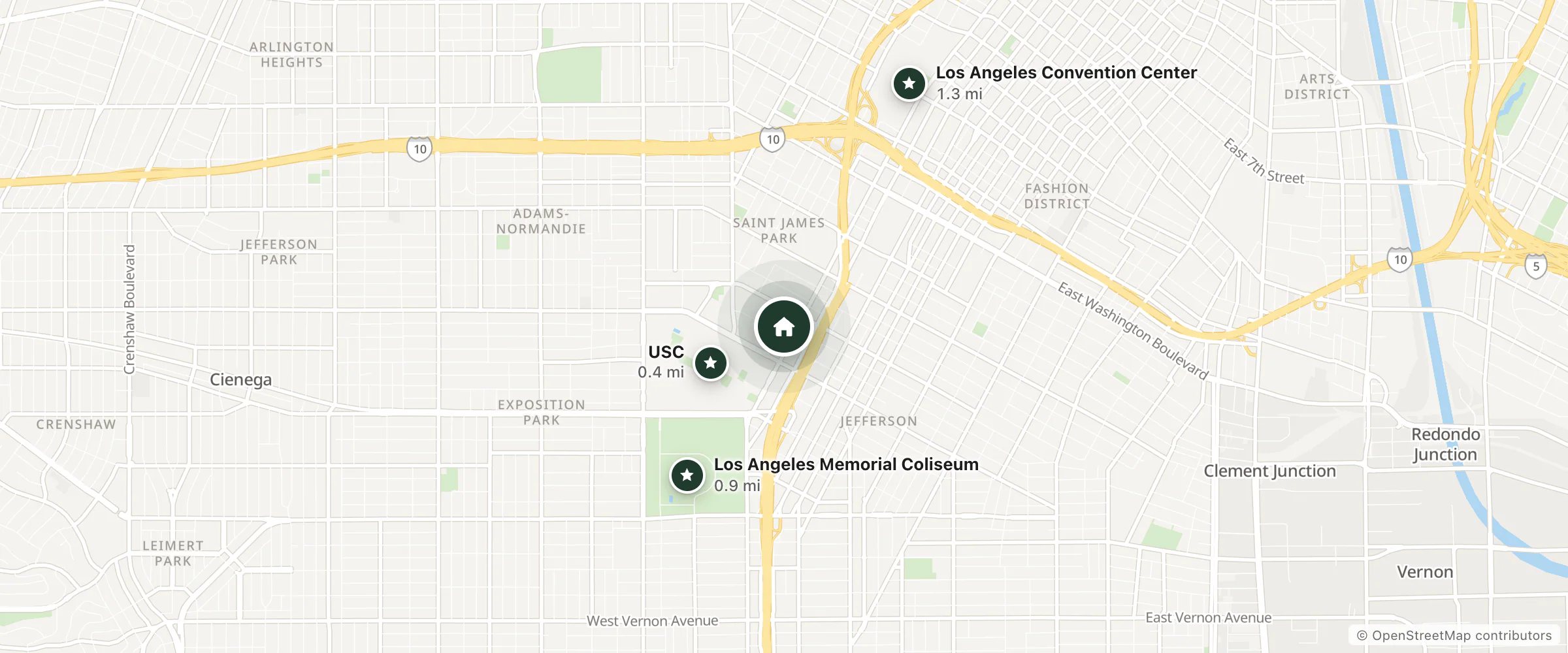Map of Vagabond Inn - Los Angeles At Usc and nearby USC, Los Angeles Memorial Coliseum and Los Angeles Convention Center