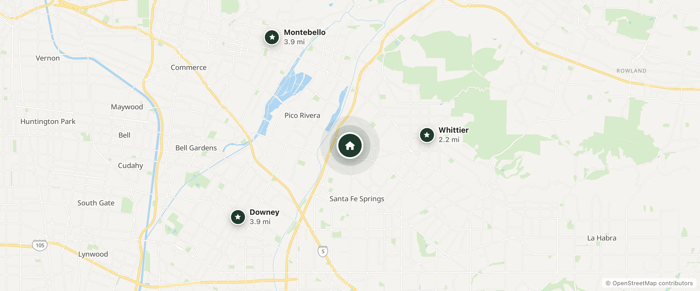Map of Royale Inn Motel and nearby Whittier, Downey and Montebello
