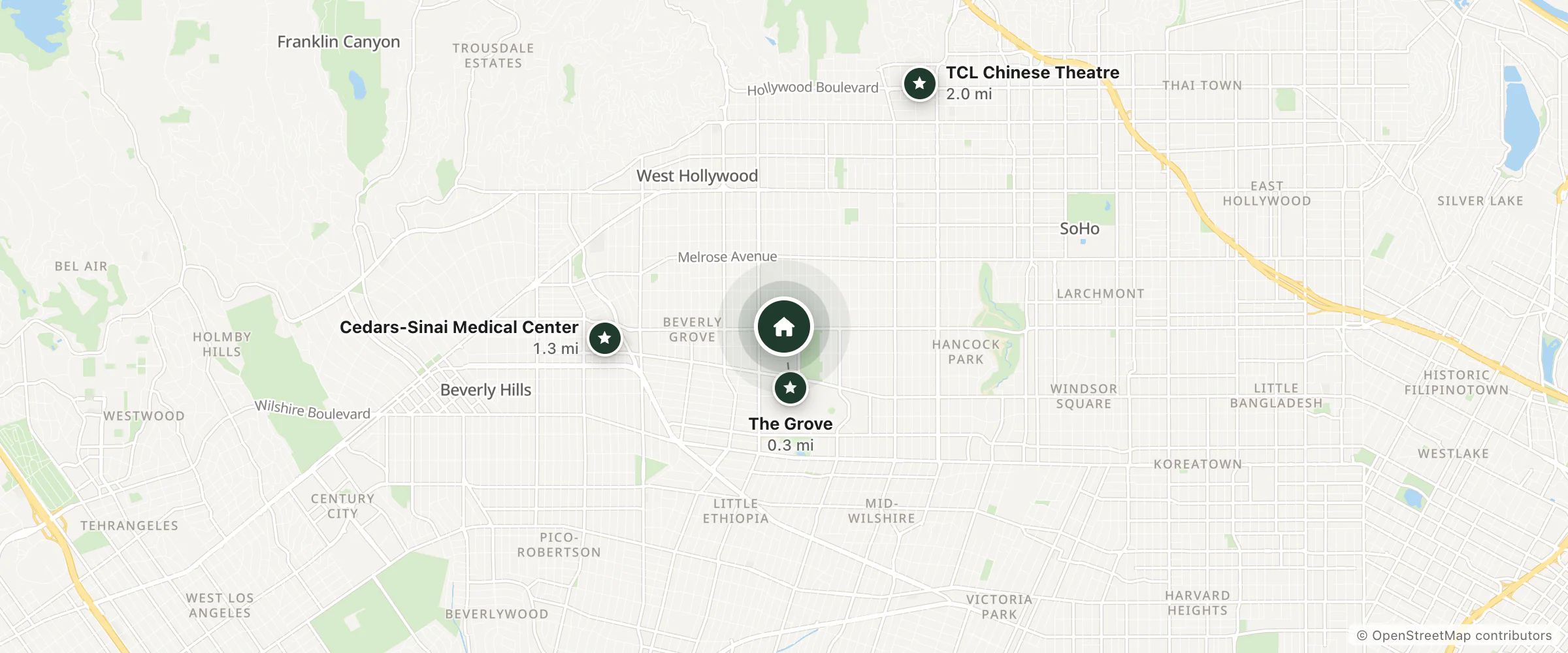 Map of SureStay Hotel and nearby The Grove, Cedars-Sinai Medical Center and TCL Chinese Theatre