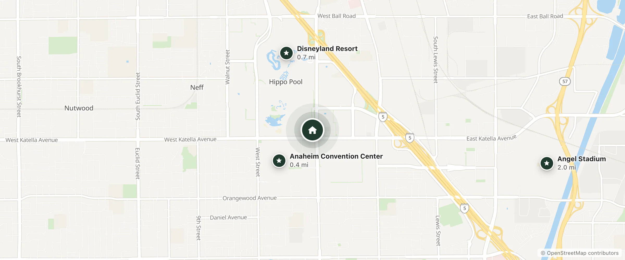 Map of Candy Cane Inn and nearby Anaheim Convention Center, Disneyland Resort and Angel Stadium