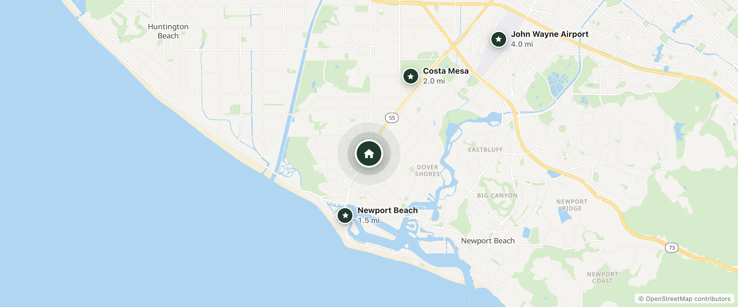Map of Bamboo Beach Resort and nearby Newport Beach, Costa Mesa and John Wayne Airport