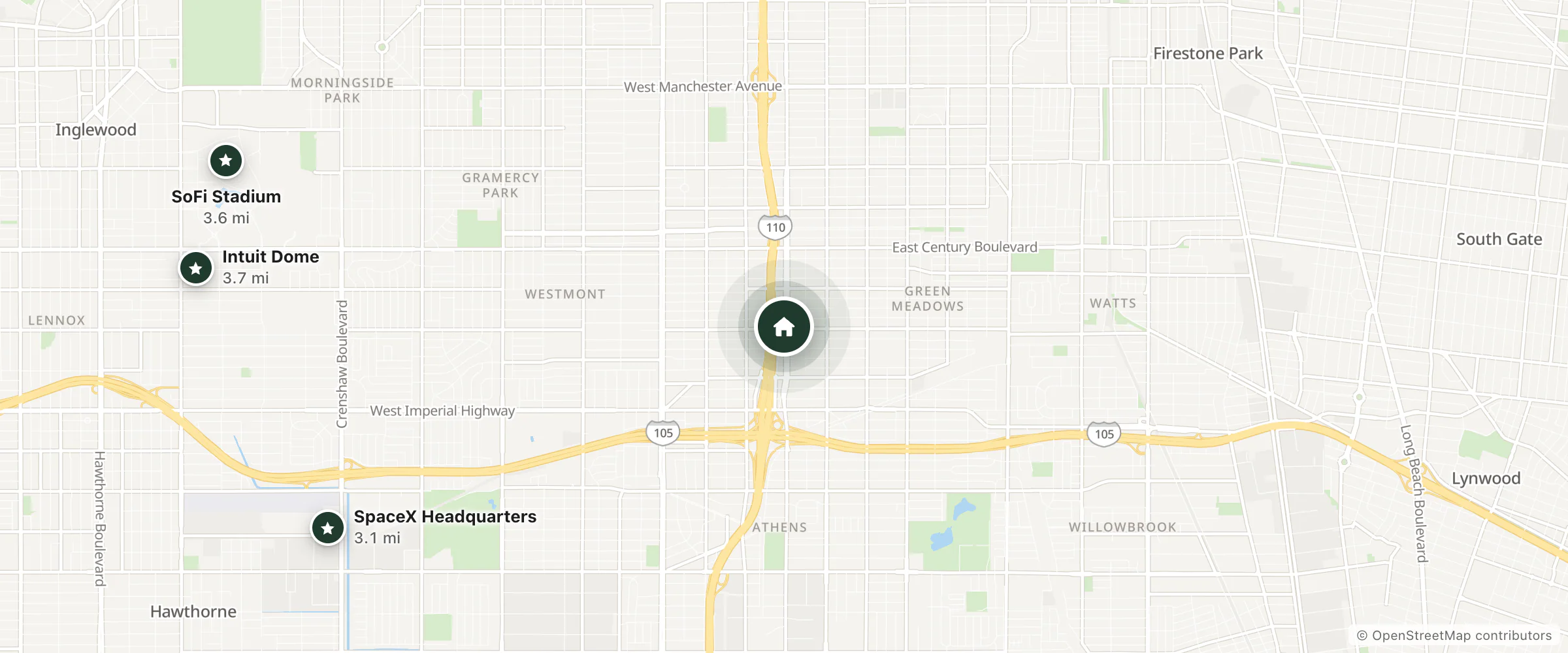 Map of 108 Motel and nearby SpaceX Headquarters, SoFi Stadium and Intuit Dome
