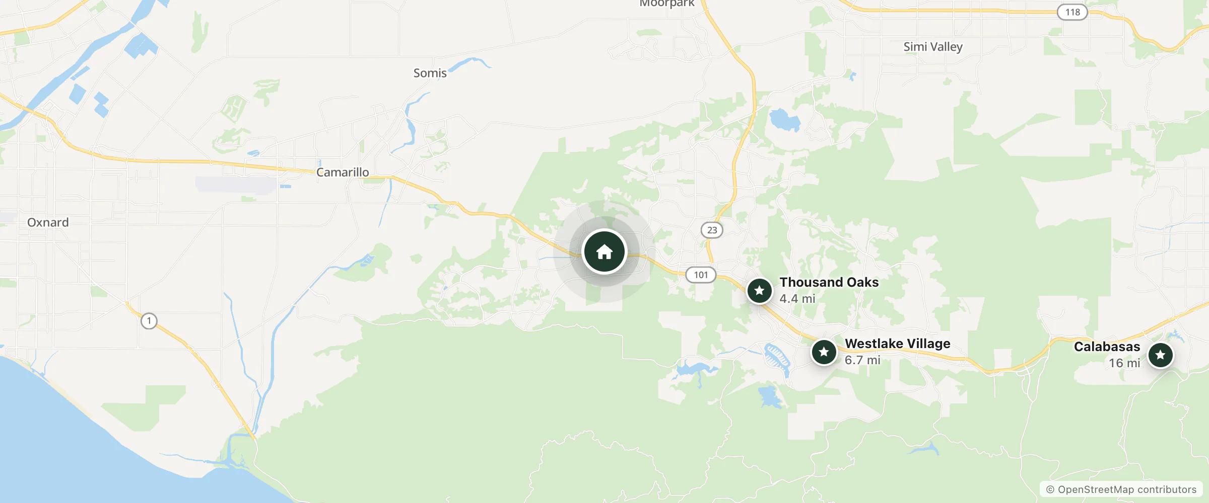 Map of Palm Garden Hotel and nearby Thousand Oaks, Westlake Village and Calabasas