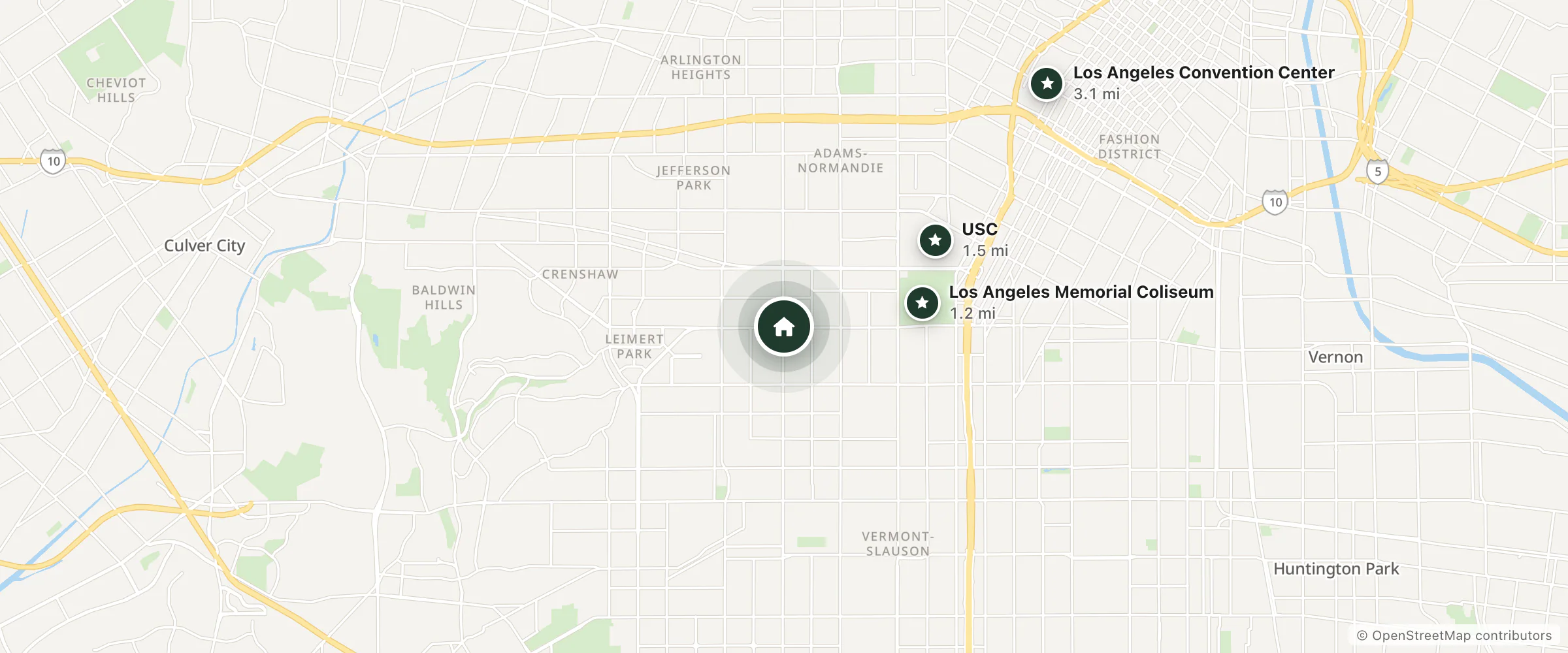 Map of King and Western and nearby Los Angeles Memorial Coliseum, USC and Los Angeles Convention Center