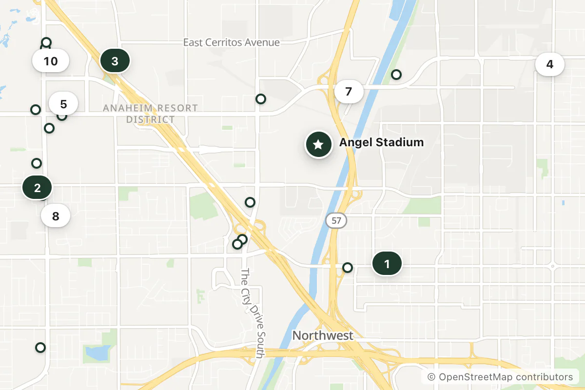 Map of the top 25 hotels for this question around Angel Stadium