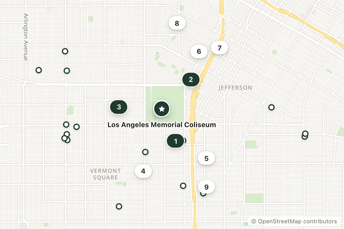 Map of the top 25 hotels for this question around Los Angeles Memorial Coliseum