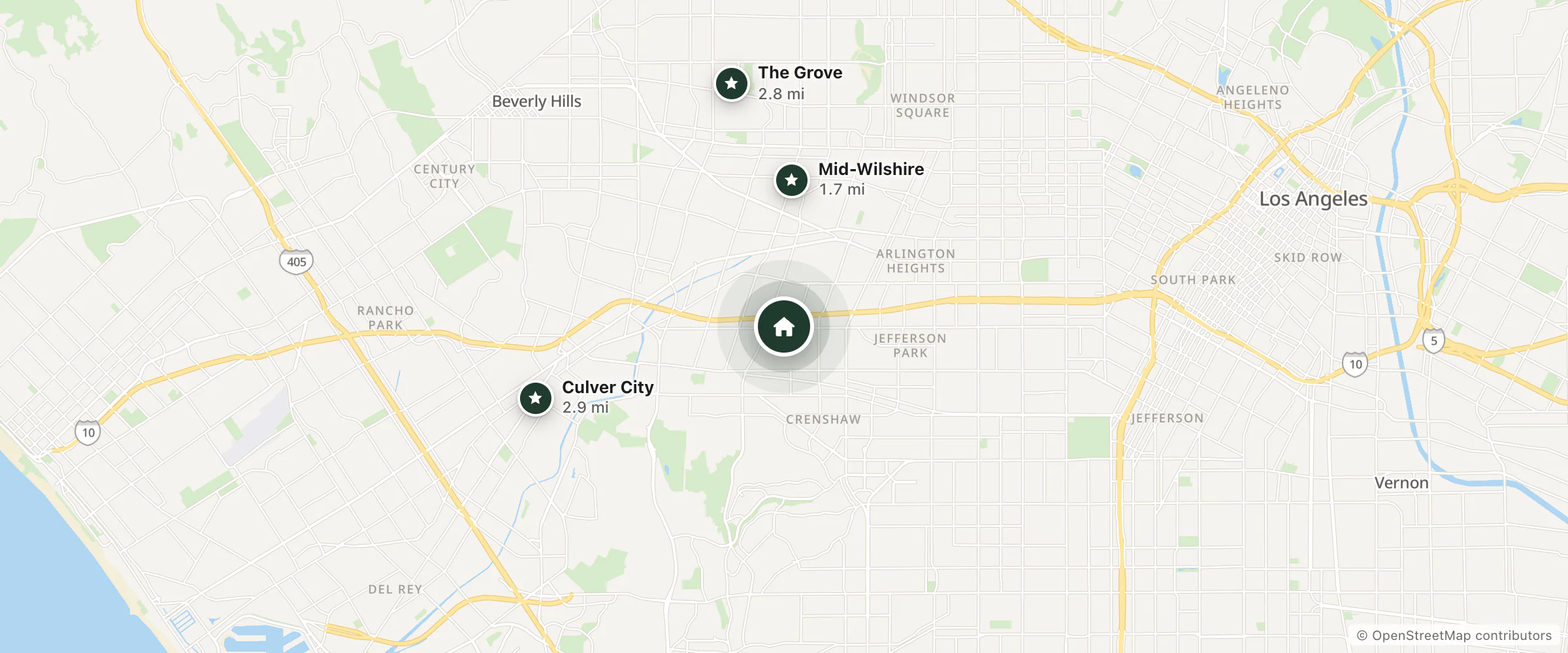 Map of Adams Motel and nearby Mid-Wilshire, The Grove and Culver City