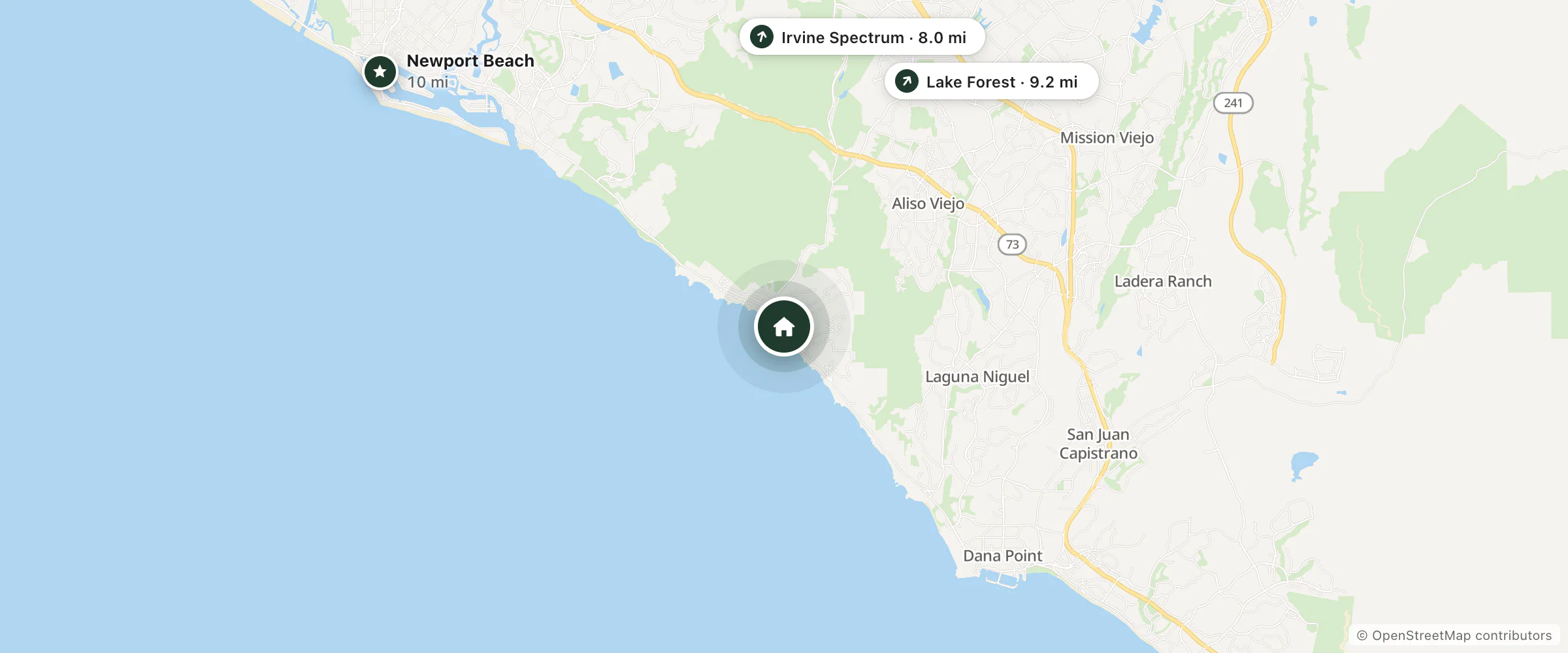 Map of Holiday Inn Laguna Beach and nearby Irvine Spectrum, Lake Forest and Newport Beach