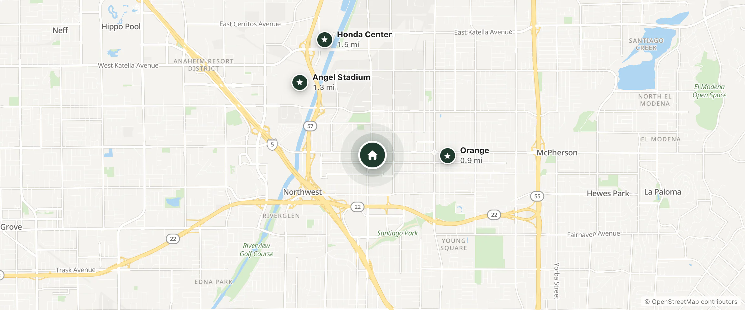 Map of Best Western Orange Plaza and nearby Orange, Angel Stadium and Honda Center
